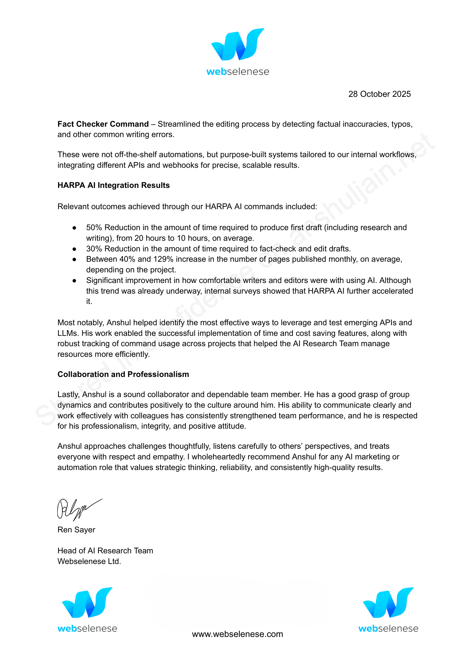 Recommendation letter preview — Ren Sayer, Head of AI Research, Webselenese